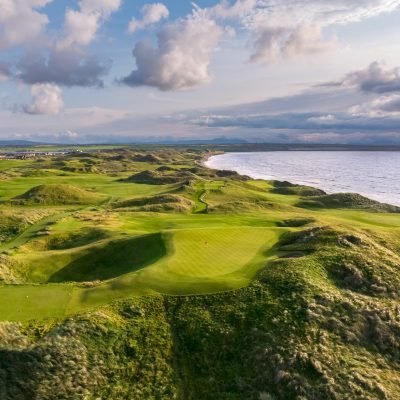 An afternoon view of the uphill par 3 12th and 13th holes of the Old Course at Ballybunion Golf Club in County Kerry Ireland.  Captured with an Inspire 2 drone